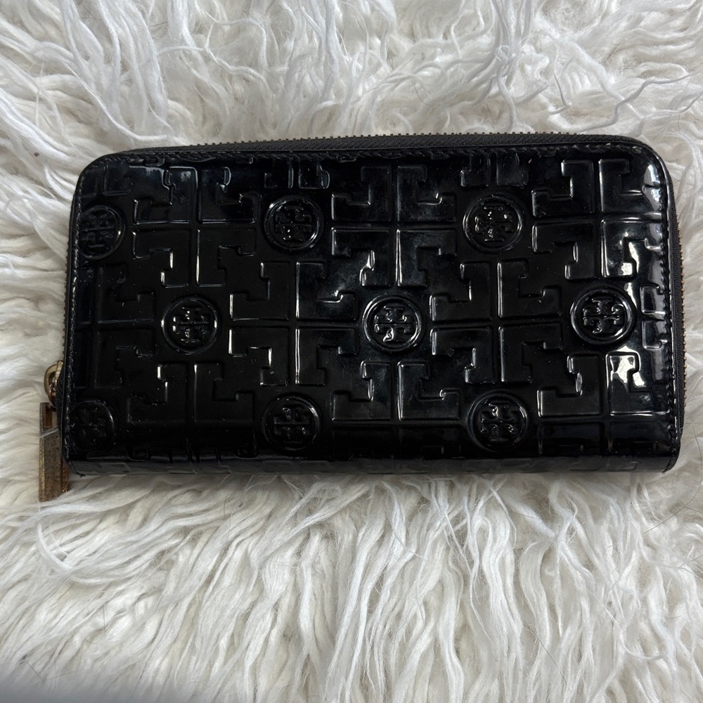 Tory Burch Glossy Black Embossed Clutch
